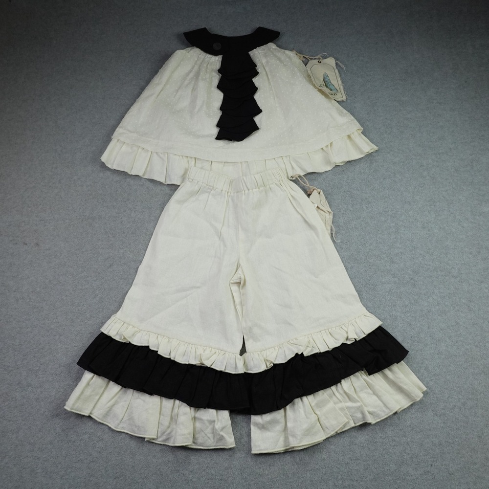 A.Bird Ruffle Outfit Set Girls 2/3 Cream Black Boutique Linen Lacy Pant